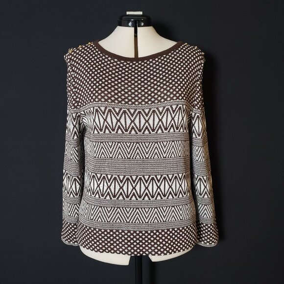 St. John Coll VTG White Cocoa Brown Sweater in Classic Geometric Knit Pattern 10 - Picture 1 of 12